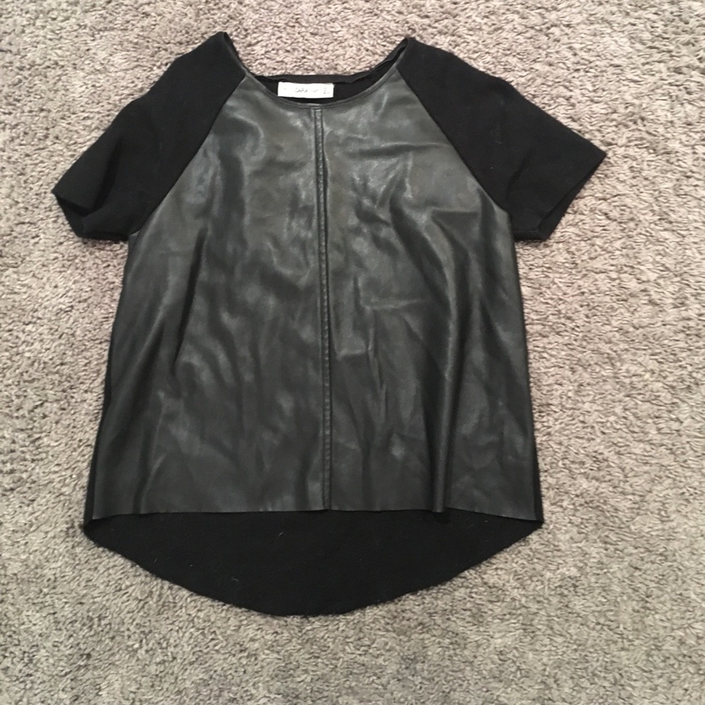 Zara mixed media pleather short sleeve sweater